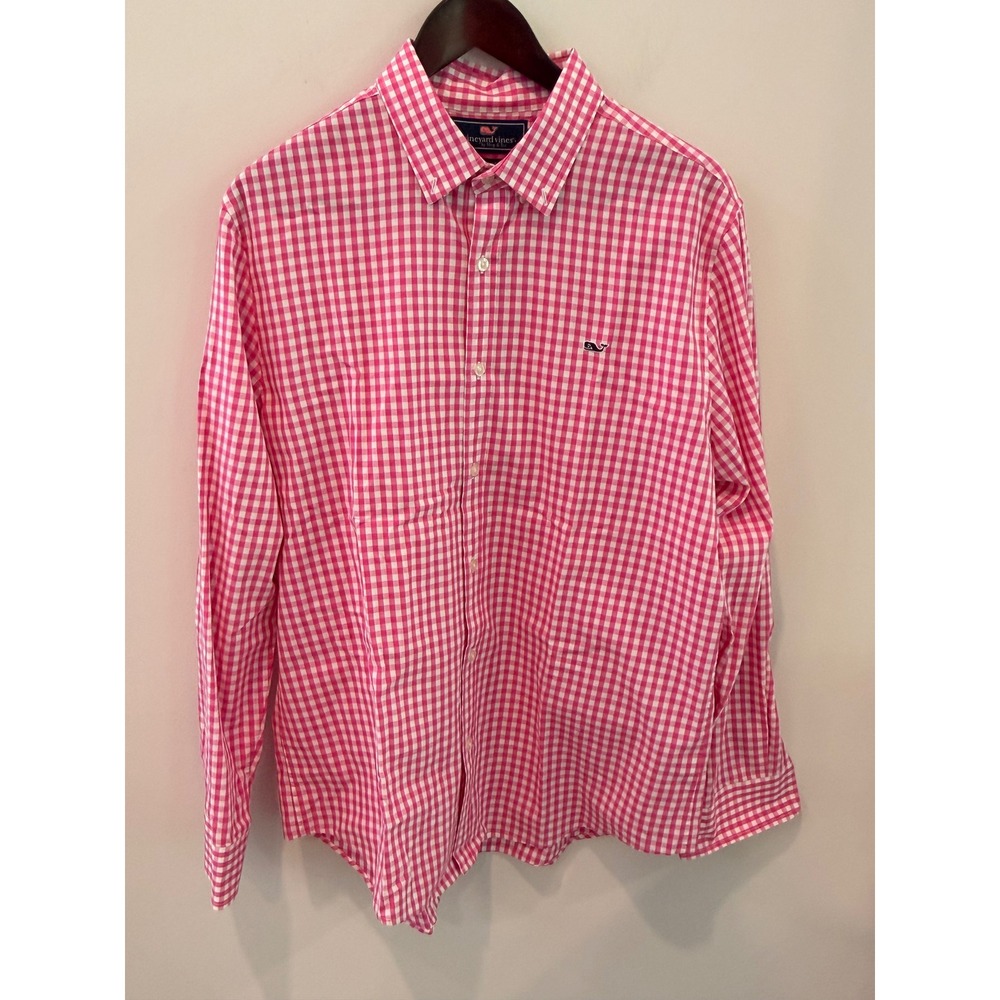 Vineyard Vines Mens Slim Fit Whale Shirt Pink Gingham Check Button Down Large